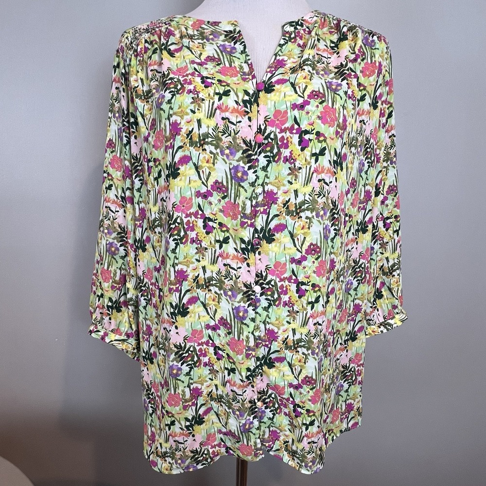 Cynthia Rowley Button Down Blouse Size 2X NWT Spring Floral Colorful 3/4 Sleeves